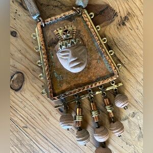 Large Vintage 60s 70s Maya Mexico Brass, Clay Mexican Pre Columbian Necklace
